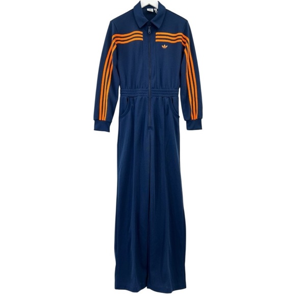 Adidas Originals RETRO Navy Blue Orange Striped Midweight Long Sleeve Jumpsuit - Picture 8 of 9